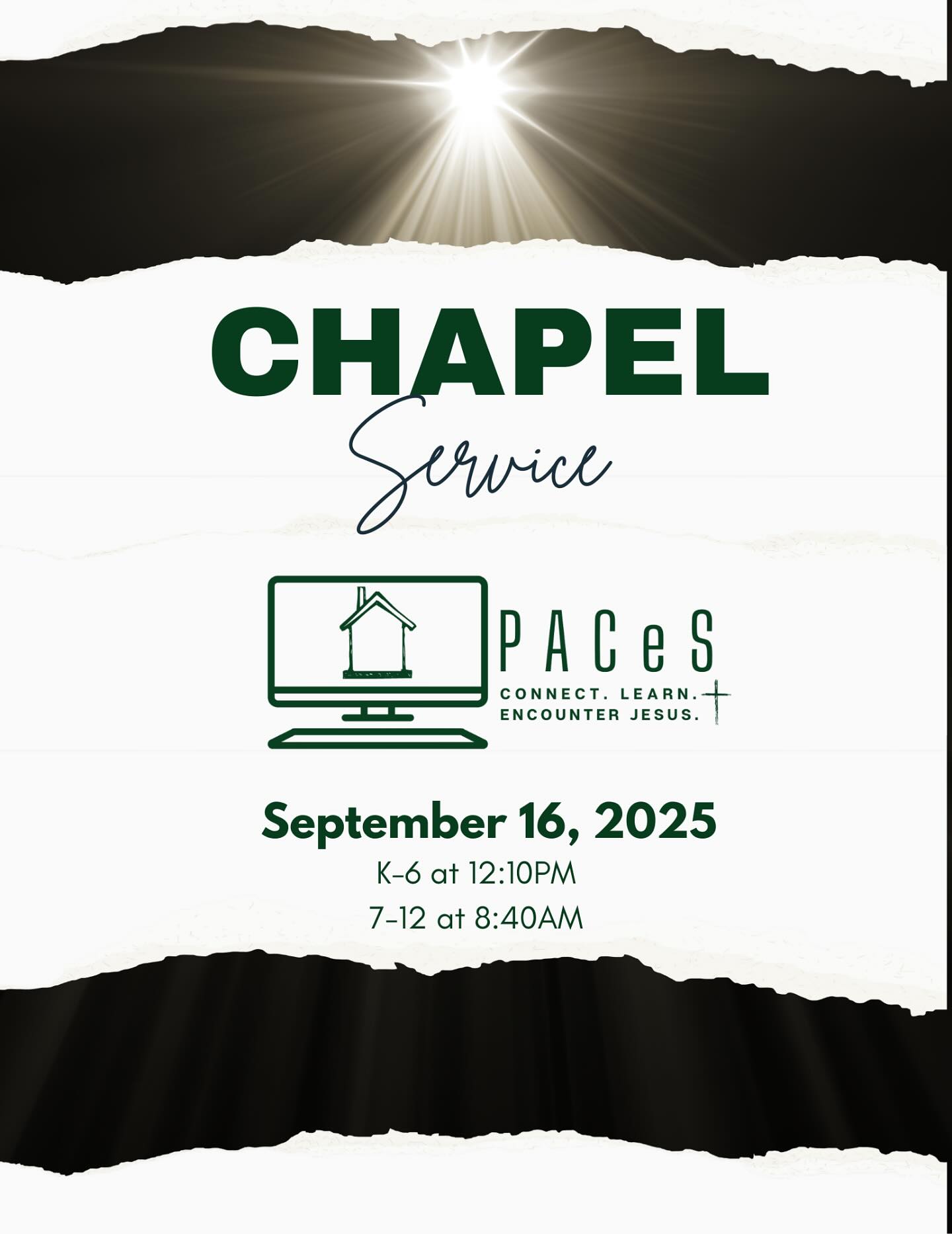 We have our first chapel/assembly tomorrow! Join us and enjoy time worshipping and fellowship together. Links have been sent in emails!