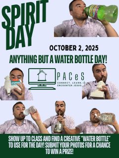 It’s our first School Spirit Day on October 2!! The challenge is to use “anything but a water bottle” to drink from! Please make sure it is clean and safe but have some fun and be creative! Submit your photo for a chance to win prizes.