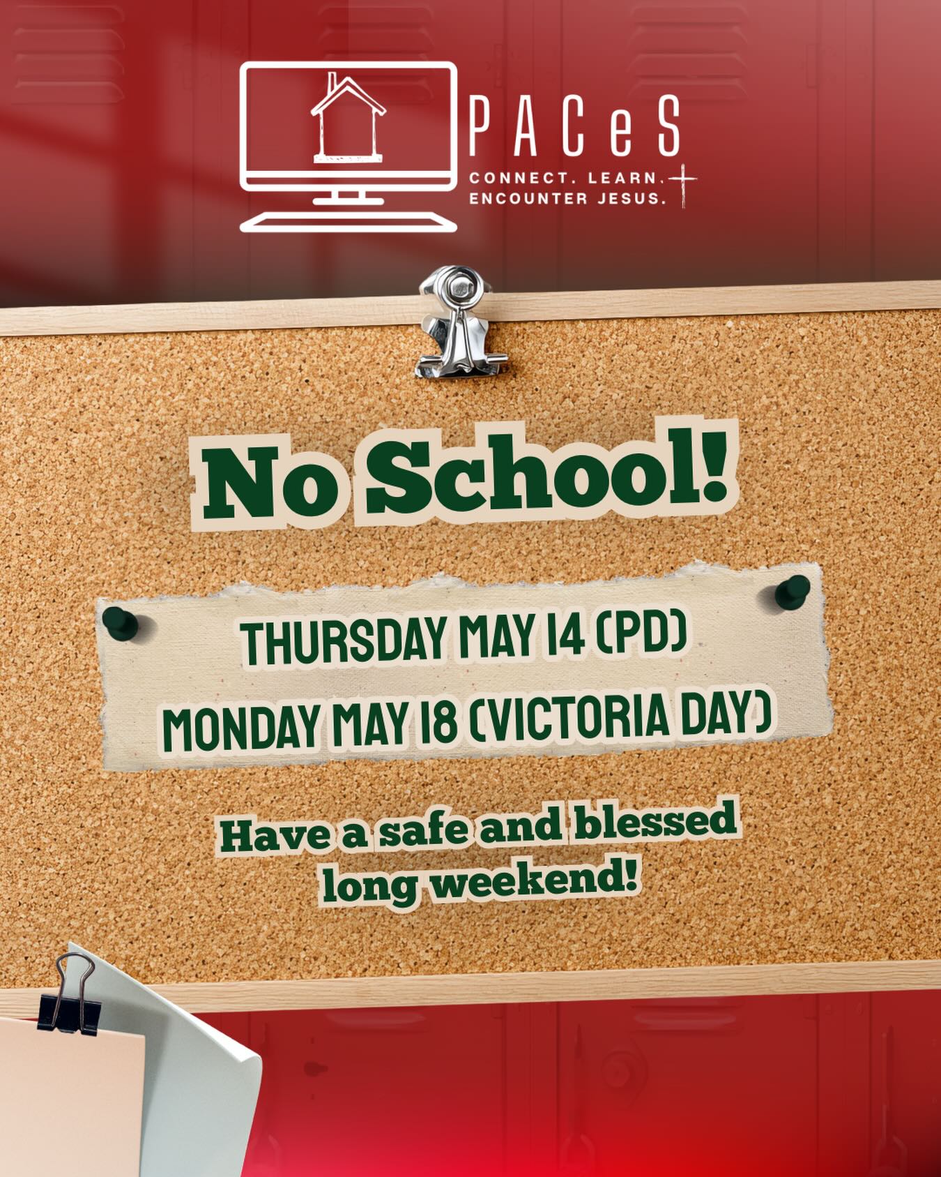 Reminder we have no school on Thursday and Monday! Classes resume on Tuesday May 19, 2026. Have a great long weekend!