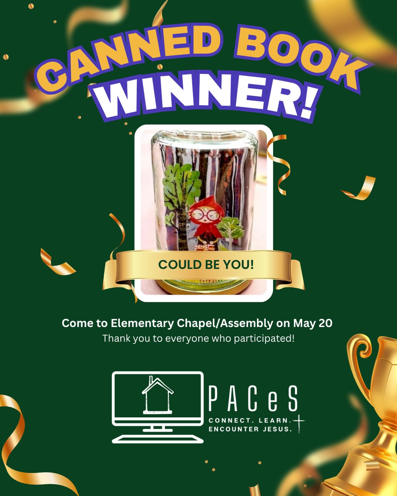 Come to Chapel/Assembly on May 20 to find out who won the Cannes Book Contest! Thank you to all who participated and thank you to Mrs. Kerry for organizing everything!